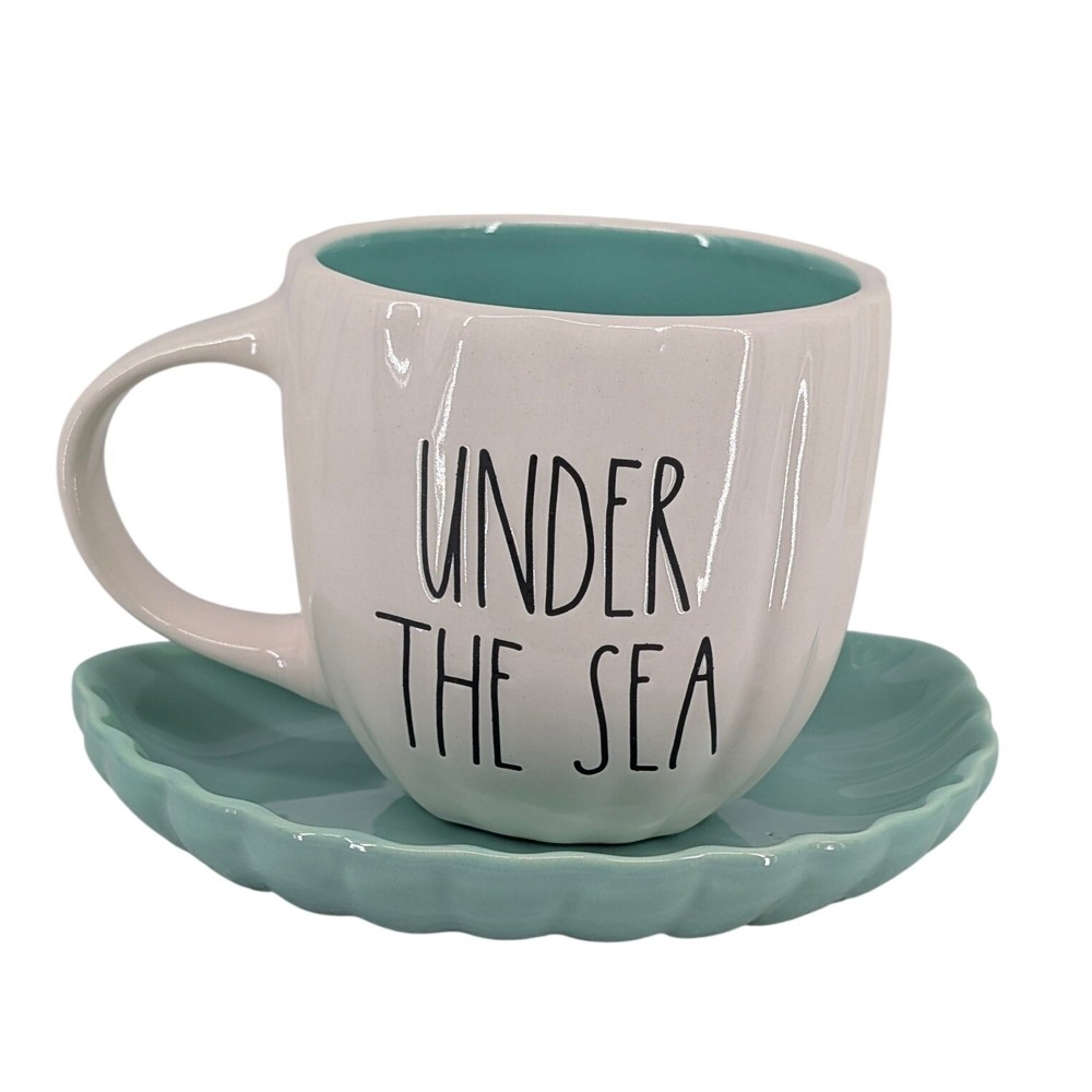 Rae Dunn Disney Princess Ariel Mug Shell Saucer Set White Teal Under The Sea